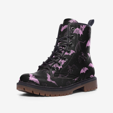 Pink Pastel Bats Print Black Vegan Leather Combat Boots