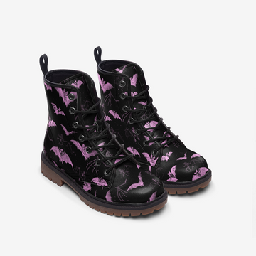 Pink Pastel Bats Print Black Vegan Leather Combat Boots