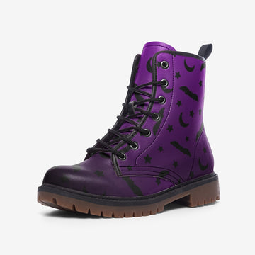 Bats, Stars and Crescent Moons Purple Vegan Leather Combat Boots