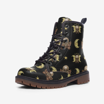 Skulls and Crescent Moon Patterned Celestial Aesthetic Black Vegan Leather Combat Boots