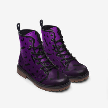 Bats, Stars and Crescent Moons Purple Vegan Leather Combat Boots