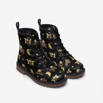 Skulls and Crescent Moon Patterned Celestial Aesthetic Black Vegan Leather Combat Boots