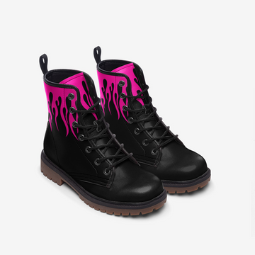 Hot Pink Flame Black Vegan Leather Combat Boots