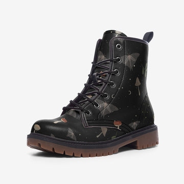 Celestial Moths and Mushrooms on Black Vegan Leather Combat Boots