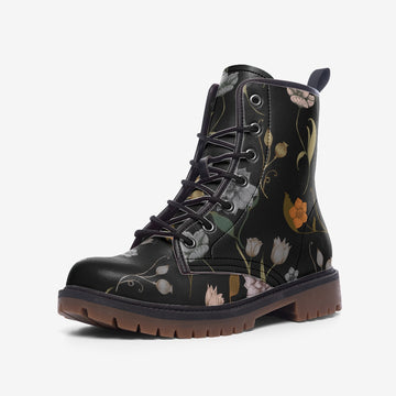 Goth Bohemian Style Flowered Print On Black Vegan Combat Boots