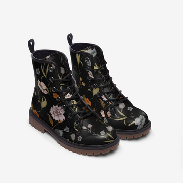 Goth Bohemian Style Flowered Print On Black Vegan Combat Boots