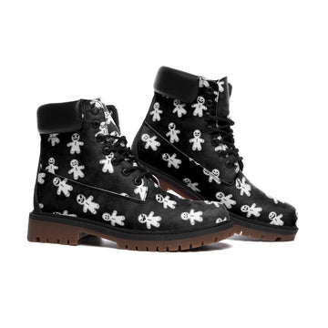 || LIMITED EDITON || Scary Smiling Gingerbreads on Black Vegan Leather Combat Boots