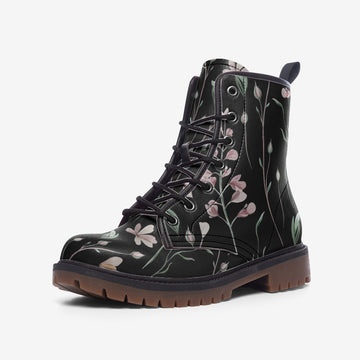 Pink Flowers Boho Style On Black Vegan Leather Combat Boots
