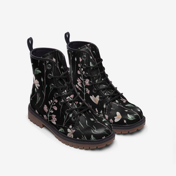 Pink Flowers Boho Style On Black Vegan Leather Combat Boots