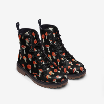 Little Fly Agaric Print on Black Vegan Leather Combat Boots