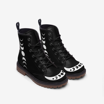 Crescent Moons Witchy Boho Aesthetic Black Vegan Leather Combat Boots