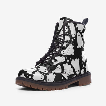Cute Little Ghosts on Black Vegan Leather Combat Boots