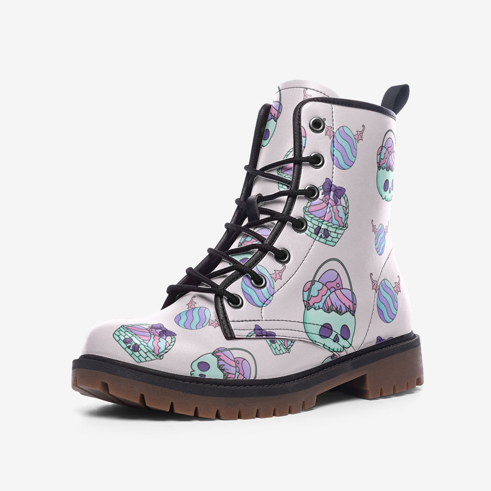 Pastel Goth Easter Eggs Basket Print Vegan Leather Combat Boots