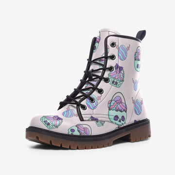 LIMITED EDITION | Pastel Goth Easter Eggs Basket Print Vegan Leather Combat Boots