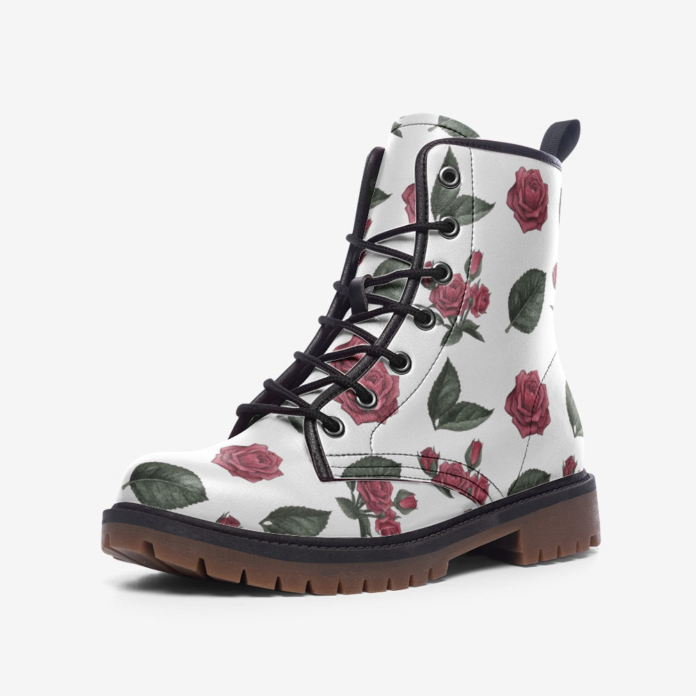 Gothic Roses Flowers on White Vegan Leather Combat Boots