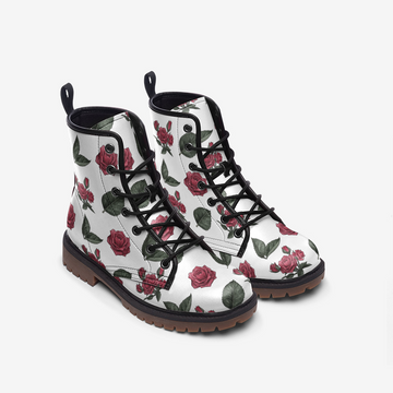 || LIMITED EDITION || Gothic Roses Flowers on White Vegan Leather Combat Boots