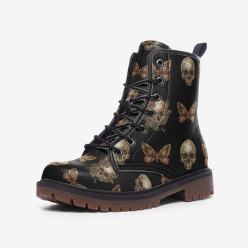 Skulls and Butterflies Dark Cottagecore Aesthetic Print On Black Vegan Leather Combat Boots