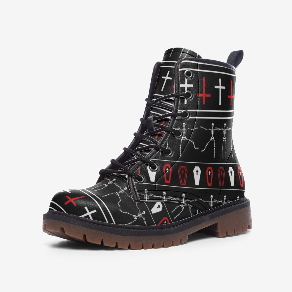 Red and White Goth Christmas Sweater Style on Black Vegan Leather Combat Boots