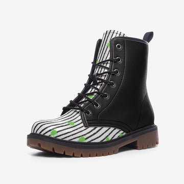 Black and White Stripes With Green Beetles Vegan Leather Combat Boots