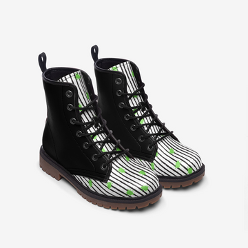 Black and White Stripes With Green Beetles Vegan Leather Combat Boots