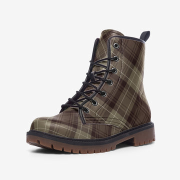 Brown and Beige Tartan Pattern on Vegan Leather Combat Boots