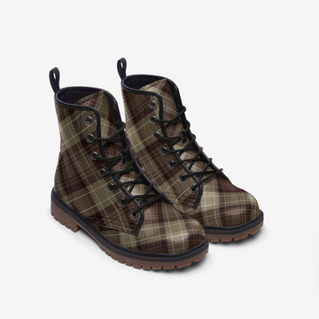 Brown and Beige Tartan Pattern on Vegan Leather Combat Boots