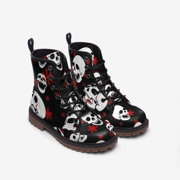 || LIMITED EDITON || Retro Skulls and Red Snowflakes Print on Black Vegan Leather Combat Boots