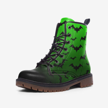 Black Flying Bats Print Neon Green Vegan Leather Combat Boots