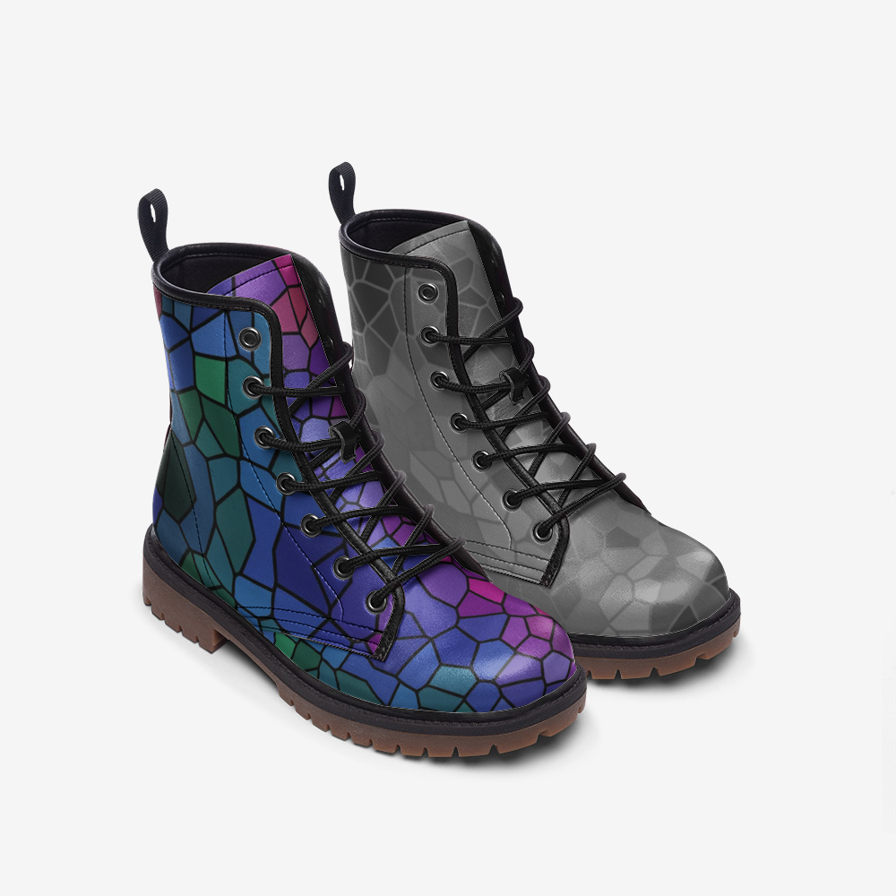 Mismatched Stained Glass Print Vegan Leather Combat Boots