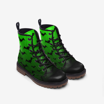 Black Flying Bats Print Neon Green Vegan Leather Combat Boots