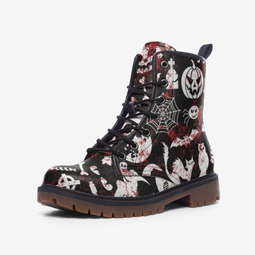 Blood Splattered Halloween Aesthetics Black Vegan Leather Combat Boots