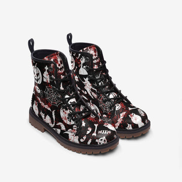 Blood Splattered Halloween Aesthetics Black Vegan Leather Combat Boots