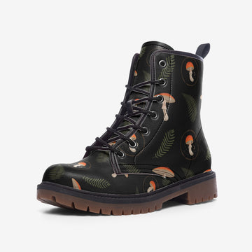 Amanitas and Ferns Print on Black Vegan Leather Boots