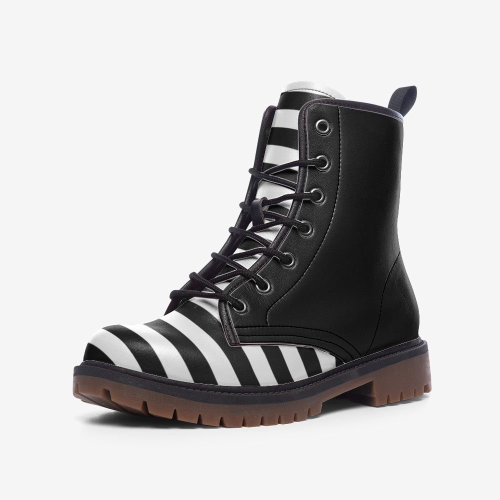 CUSTOM ORDER | Horizontal Black And White Striped on Black Vegan Leather Combat Boots