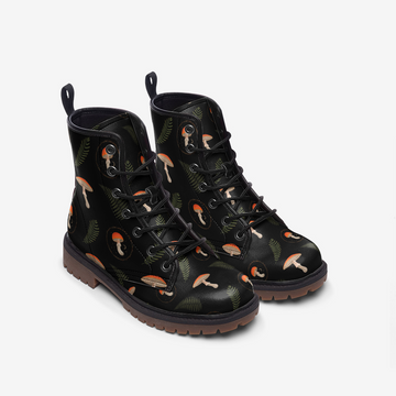 Amanitas and Ferns Print on Black Vegan Leather Boots