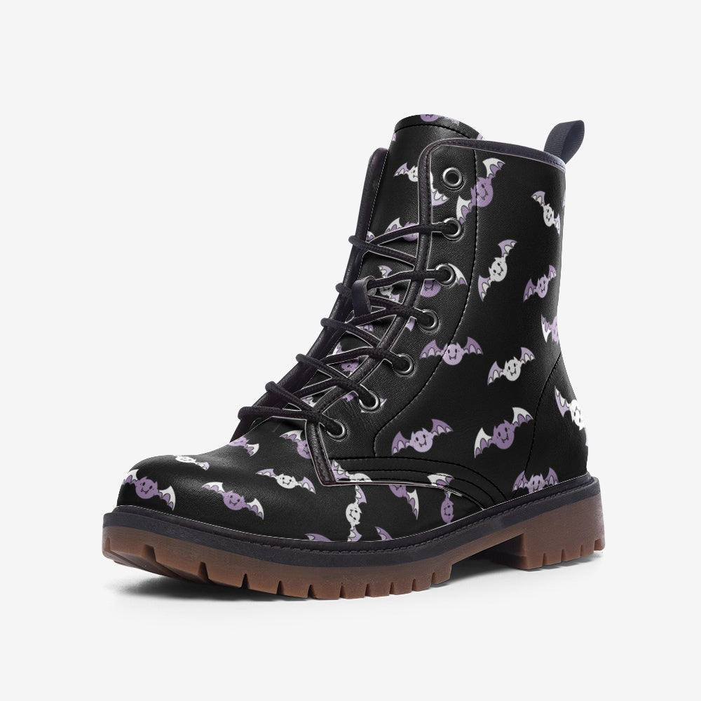 CUSTOM ORDER | Purple and Lilac Cute Bats on Black Vegan Leather Combat Boots