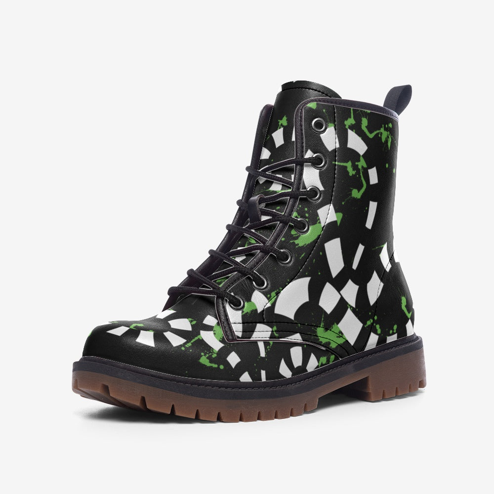 Green Splashes with Black and White Sandworms on Black Vegan Leather Boots