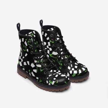 Green Splashes with Black and White Sandworms on Black Vegan Leather Boots