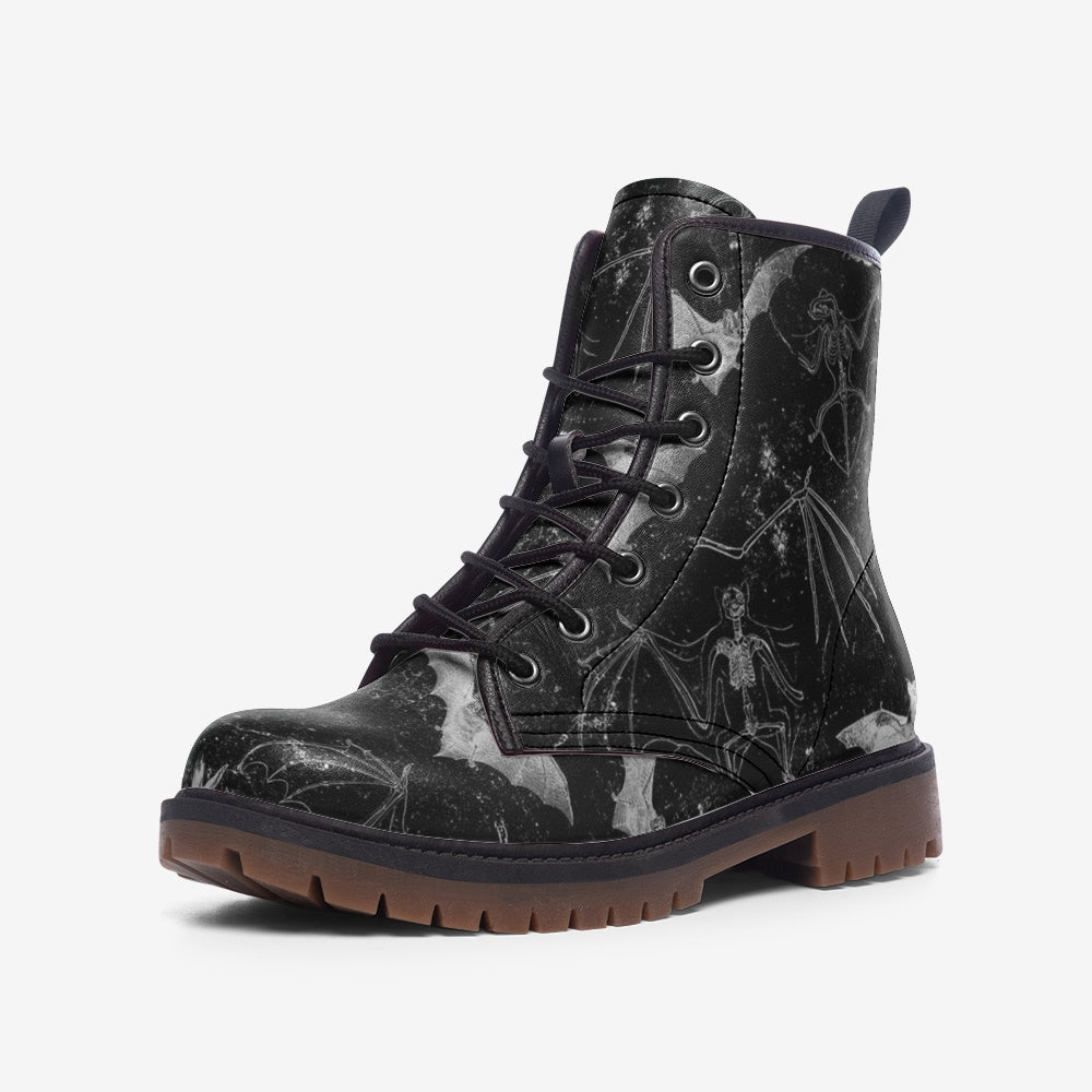 Grey Bats Patterned Black Vegan Leather Combat Boots