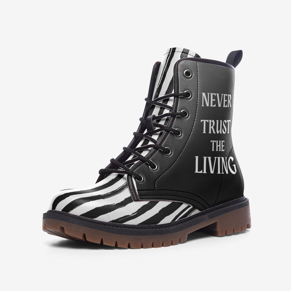 CUSTOM ORDER | "Never Trust The Living" Grunge Black and White Stripes and Grey Gradient Vegan Leather Combat Boots