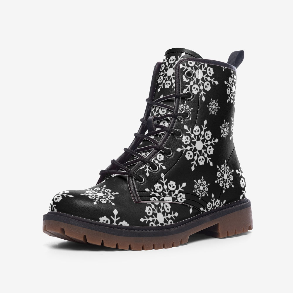 Skulls Snowflakes Goth Christmas Black Vegan Leather Combat Boots