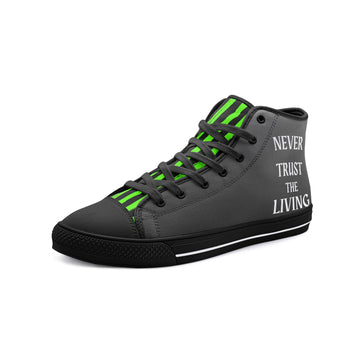 Never Trust The Living Green Grey and Black Vegan High Top Canvas Shoes