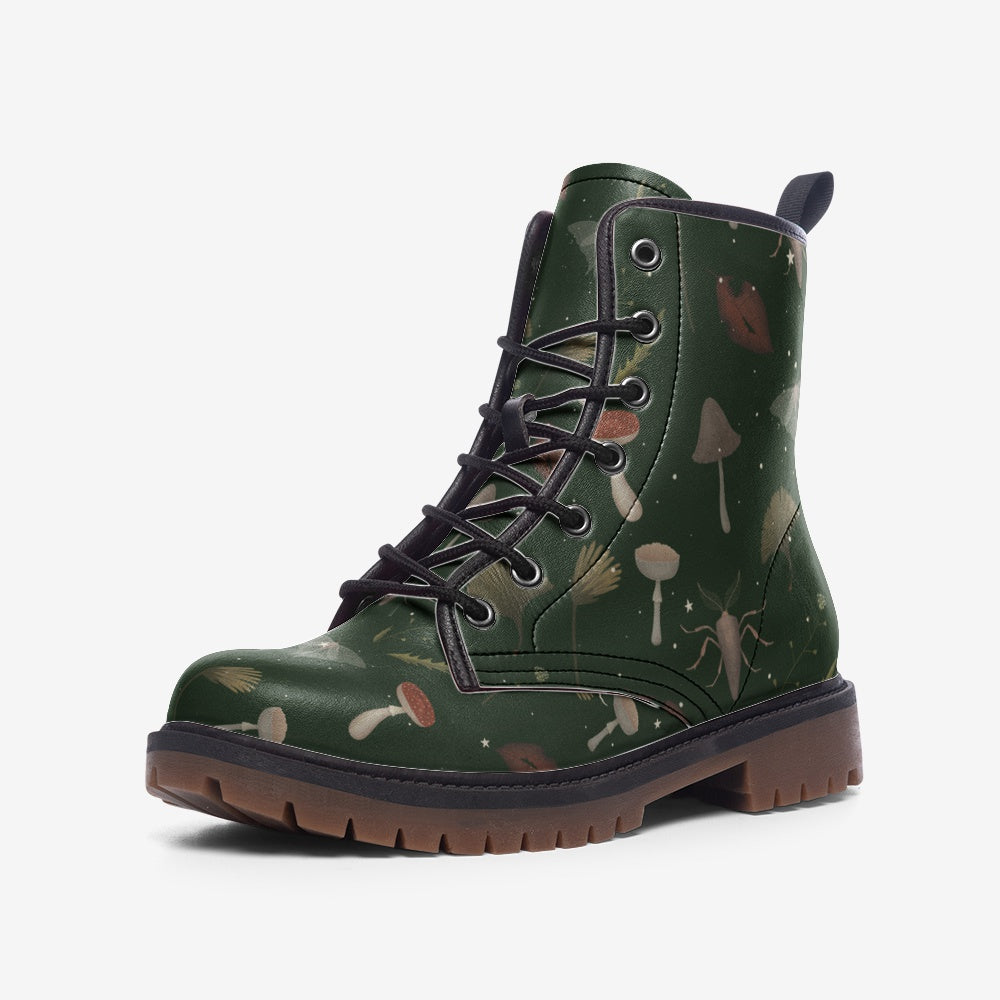Naturecore Print on Dark Green Vegan Leather Combat Boots
