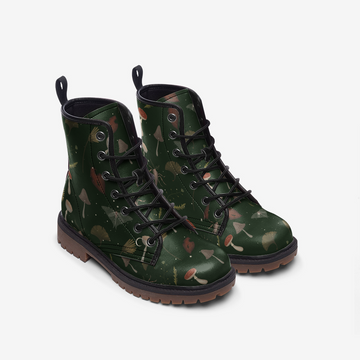 Naturecore Print on Dark Green Vegan Leather Combat Boots