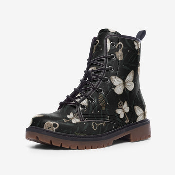 Butterflies and Golden Keys in Whimsy Woods Print on Black Vegan Leather Combat Boots