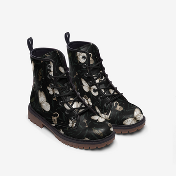 Butterflies and Golden Keys in Whimsy Woods Print on Black Vegan Leather Combat Boots