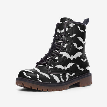 White Bats on Black Vegan Leather Combat Boots