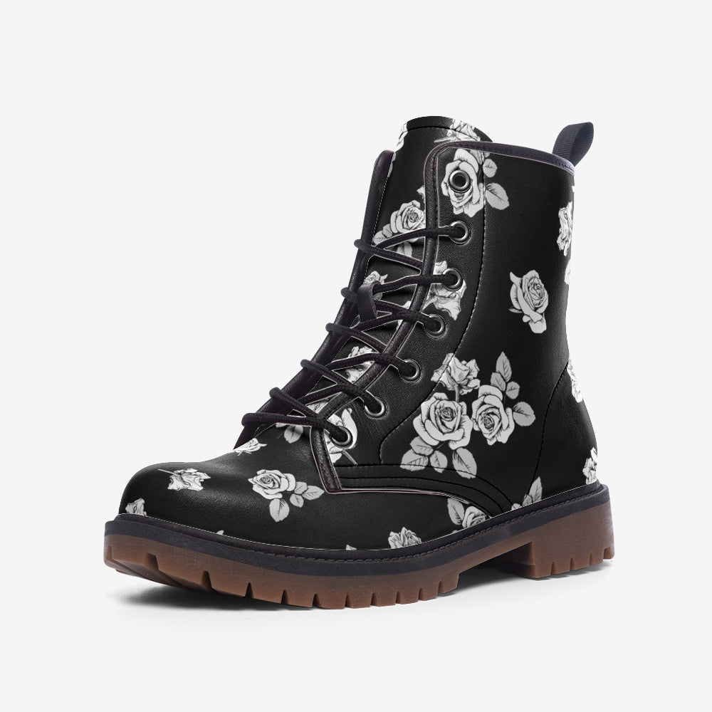 CUSTOM ORDER | Grey Roses Print on Black Vegan Leather Combat Boots