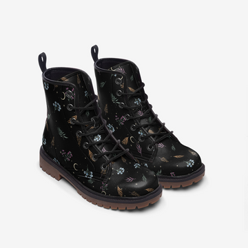 Dark Whimsy Floral Print on Black Vegan Leather Combat Boots