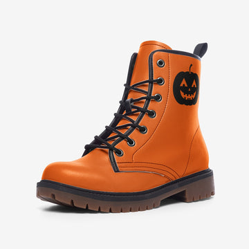 Bicolored Black and Orange Vegan Leather Combat Boots with a Scary Pumpkin